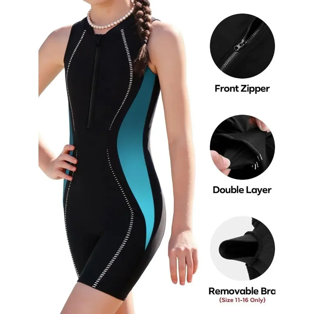 Athletic Girls' One Piece Swimsuit Rash Guard Black/Blue 15/16 Yr old UPF 50+